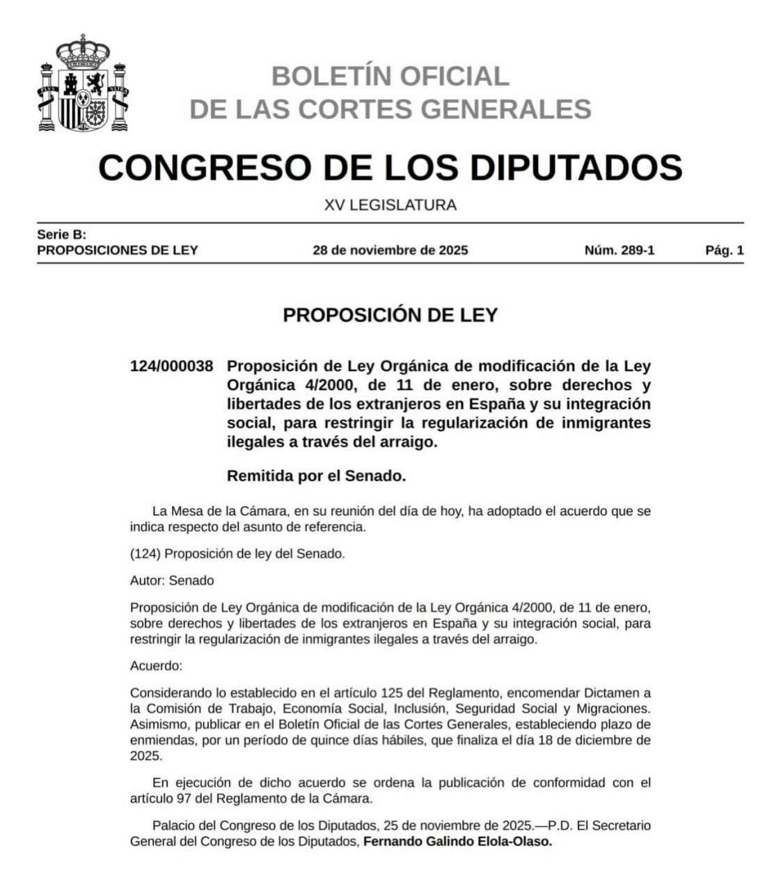 Proposición de Ley sobre Extranjería – Tipo de documento: